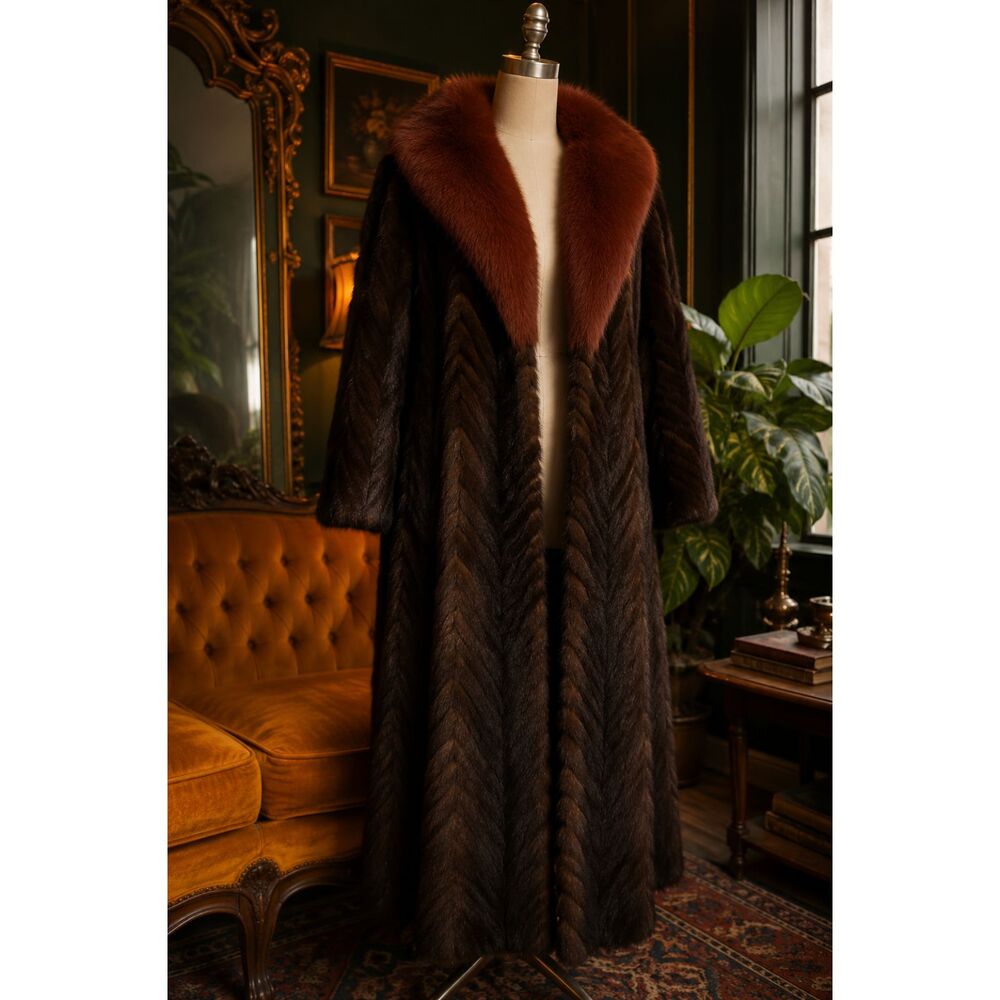 Vintage Ranch Mink Fur Coat With Rust Fox Fur Collar Full Length Glam long Coat